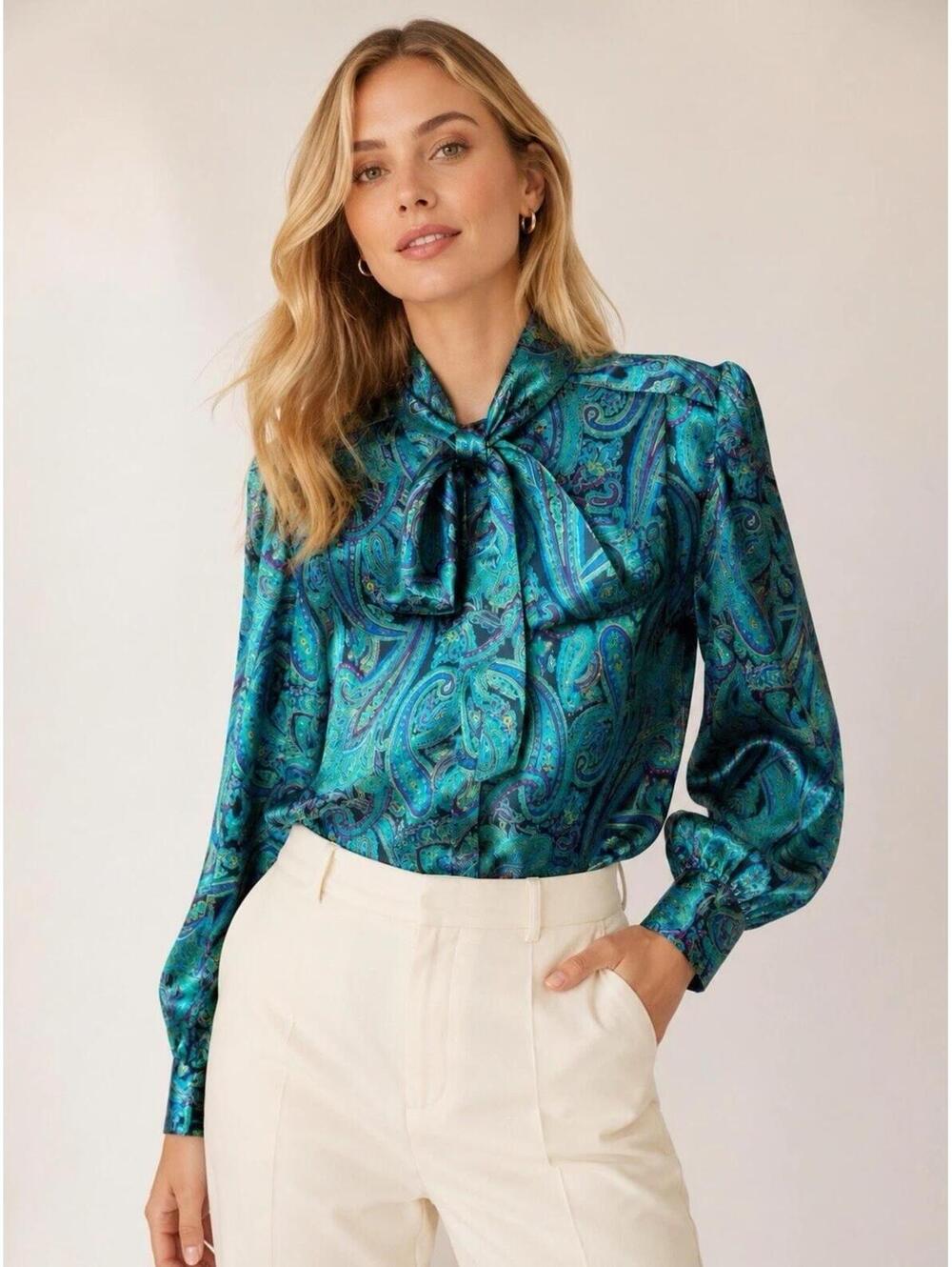 Oscar de la Renta Expressions Paisley Tie Neck Blouse Women’s Vintage Satin Top